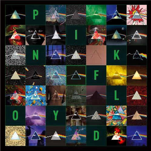 A large print featuring a 7x7 grid collage of Pink Floyd album art and prism imagery, with large green letters spelling 'PINK FLOYD' across the centre on a dark background.