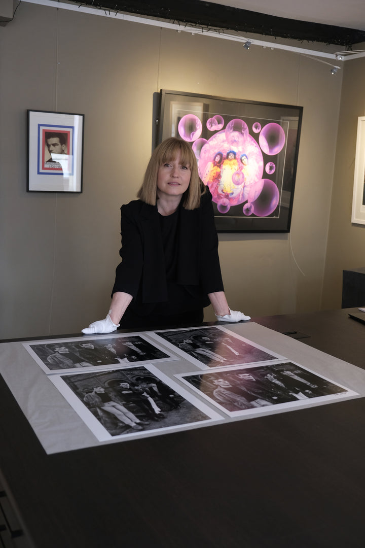 The Smiths The Queen Is Dead exclusive artist proofs laid out on plan chests at Hyprgallery with owner Emily